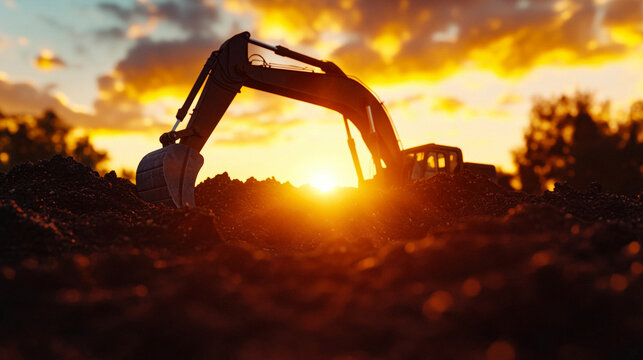Cinematic excavator digging at an open construction site, glowing sunset light and dramatic shadows, palette of golden amber, deep charcoal, and warm terracotta, industrial landscape scene, AI