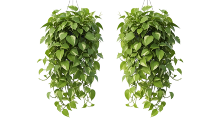 Two lush green hanging pothos plants cascading with heart shaped leaves isolated on transparent background