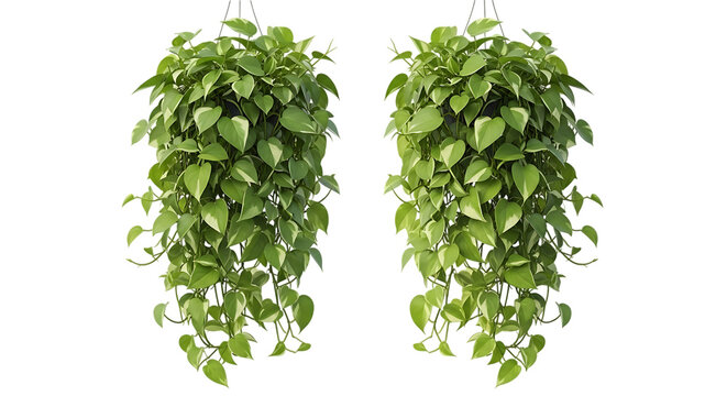 Two lush green hanging pothos plants cascading with heart shaped leaves isolated on transparent background
