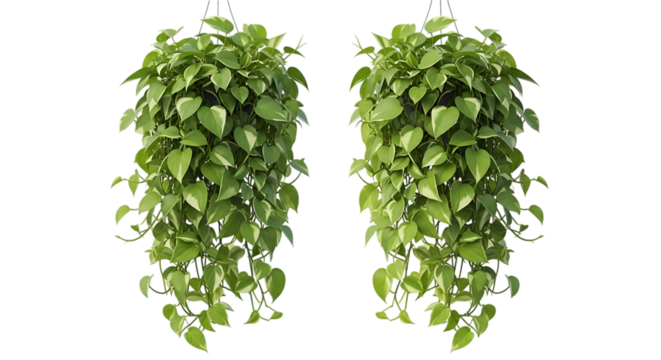 Two lush green hanging pothos plants cascading with heart shaped leaves isolated on transparent background