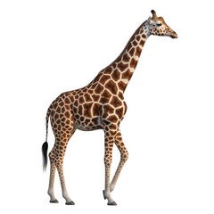 Naklejka premium A majestic giraffe with distinctive spotted coat stands tall against a stark black background showcasing its unique silhouette