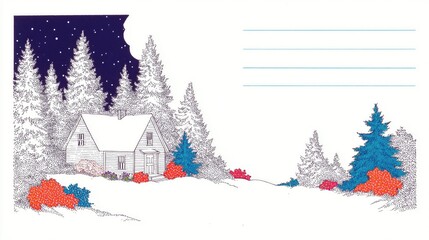 Winter night scene with snow-covered cabin, tall pine trees, starry dark sky, red/blue dotted bushes, blank lined space on right&mdash;dot illustration for cozy holiday or seasonal decor.