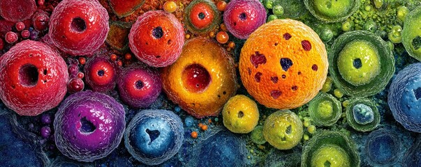 Colorful Microscopic View of Various Cells Showcasing a Diverse Range of Shapes, Sizes, and Textures in an Intricate Pattern