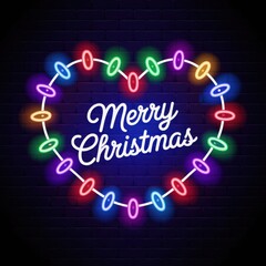 Neon "merry christmas" sign surrounded by colorful holiday lights.