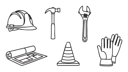 Fototapeta premium Set of construction and engineering icons including a hard hat, hammer, wrench, blueprint, traffic cone, and gloves, rendered in a clean black line art style