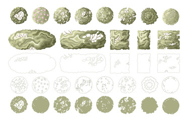 Naklejka premium Landscape design elements: bushes, trees, shrubs, and hedges. Minimal vector illustration for urban planning, site plans, and architectural entourage.