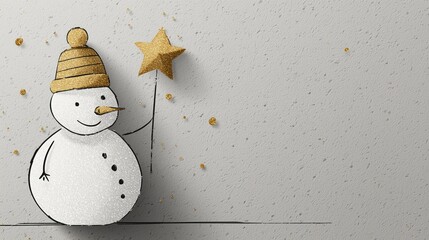 Christmas festive snowman (black outline, white glitter body) with gold glitter hat, carrot nose, holding gold star, on textured light background (gold confetti)—playful illustration ideal for holiday