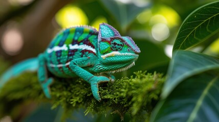 A vibrant green and blue panther chameleon resting on a mossy branch in a lush jungle environment.