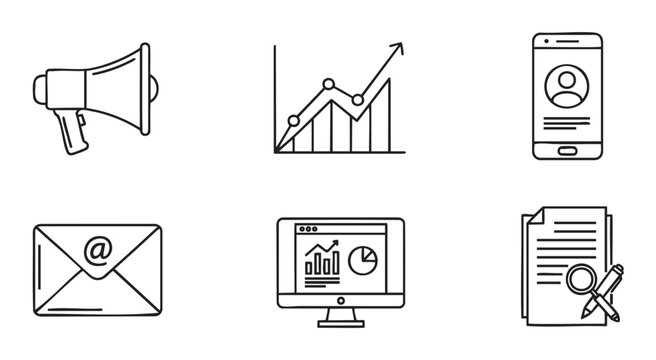 Set of six doodle-style line art icons representing digital marketing, business growth, and data analysis concepts