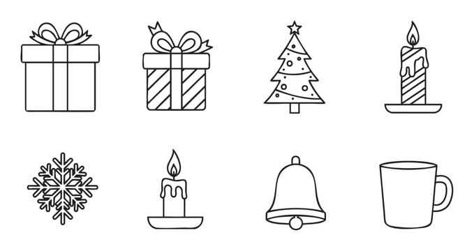 Fototapeta Collection of minimalist black line art icons for winter holidays, featuring a gift box, decorated tree, snowflake, candle, bell, and mug