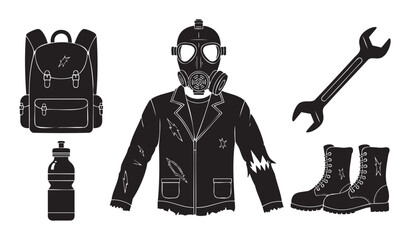 Post-apocalyptic survivor kit illustrated in a stark black and white graphic style, featuring a gas mask, torn clothing, a backpack, boots, a wrench, and a water bottle