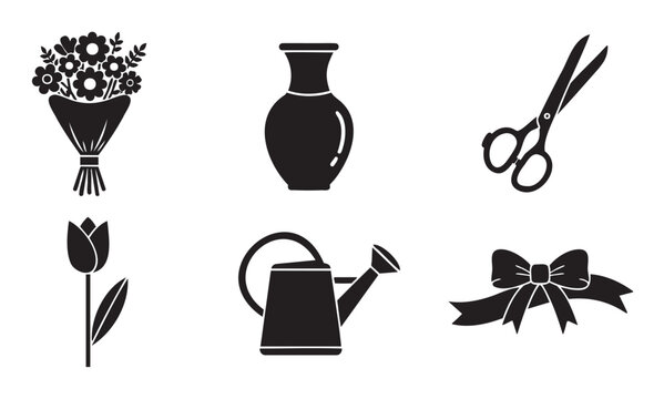 Set of black vector icons related to floristry and gardening, including a flower bouquet, vase, scissors, tulip, watering can, and a ribbon bow