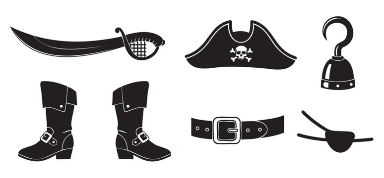 Set of black pirate accessory icons in a simple silhouette style, featuring a sword, hat with skull, hook, boots, belt, and eyepatch