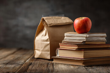 Red apple on a stack of old books with a paper lunch bag on a rustic wooden table.