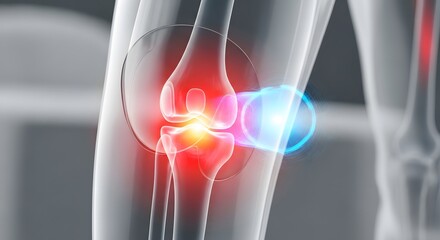 Glowing Knee Joint A detailed anatomical rendering highlighting pain, inflammation, and therapy options.