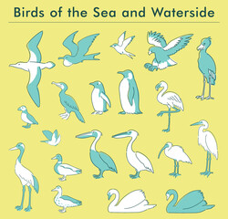 Naklejka premium 海と水辺の鳥の手描きイラストセット