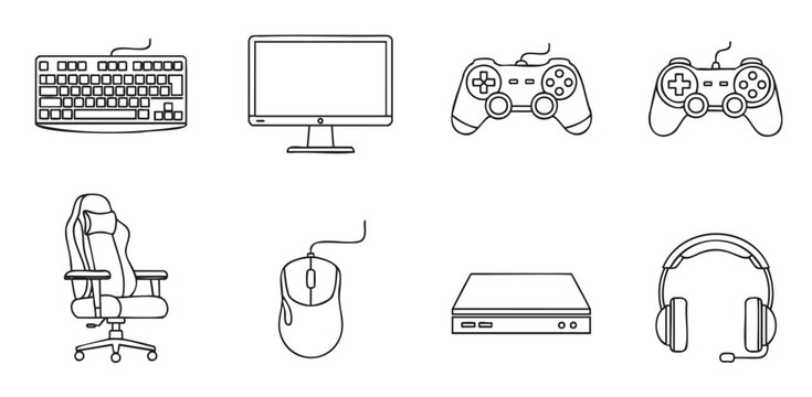 Collection of minimalist outline icons for video games and esports, including a gamepad, keyboard, mouse, monitor, gaming chair, and headset - Powered by Adobe