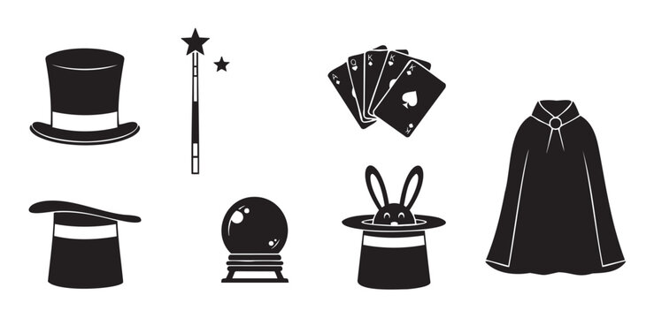 Minimalist black silhouette icon set of classic magic show props and illusionist equipment, including a top hat, wand, cards, and rabbit