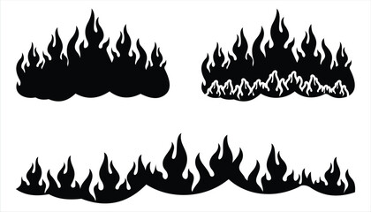 Big Collection of Fire Flame Vector Icons – Minimalist Outline & Silhouette Bonfire Symbols, Tribal Tattoo Style Flames Set