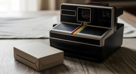 Retro Polaroid instant camera in nostalgic style, warm indoor tones, analog photography and vintage tech