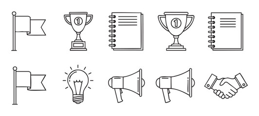 Vector illustration of various business and achievement symbols drawn in a clean outline style, including a flag, trophy, lightbulb, and handshake