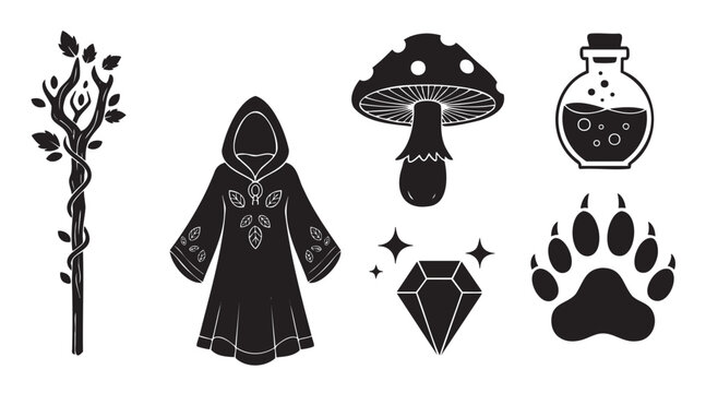 Collection of black and white fantasy icons for a role-playing game, featuring a druid staff, a hooded robe, a magic potion, a toadstool, a sparkling gem, and an animal paw print