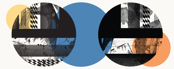 Glitch distorted circles . Noise destroyed logo . Trendy defect error shapes . Glitched frame .Grunge textured . Distressed effect .Vector shapes with a halftone dots screen print texture. 