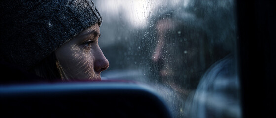 Pensive Woman - Rainy Bus Window - Reflection