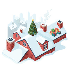 Isometric winter illustration of snowy rooftops featuring a decorated Christmas tree, gift boxes, and festive lights with a city skyline.