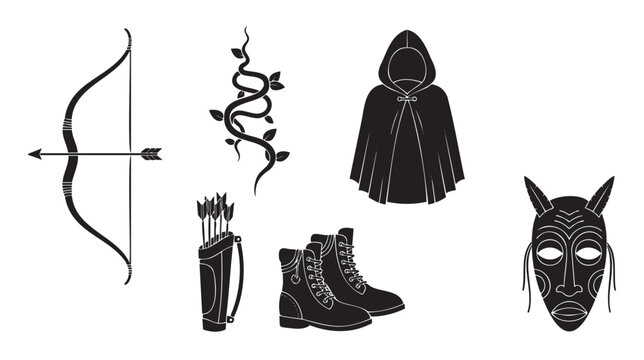 Collection of fantasy adventure equipment icons, including a bow, quiver, hooded cloak, boots, tribal mask, and a climbing vine, presented as black silhouettes