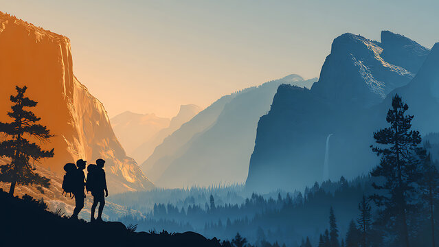 Warm Sunrise Meets Cool Shadows: Silhouetted Hikers Gaze Upon a Majestic Mountain Valley.