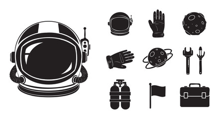 Collection of black and white vector icons related to space exploration, including an astronaut helmet, gloves, planets, tools, and other essential equipment