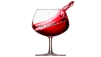 splash of red wine being poured into a large-bowled wine glass.