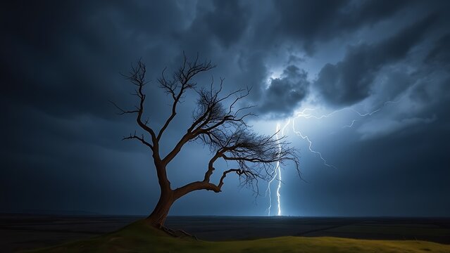 superego. A lone tree bent by strong winds during a stormy night with dramatic lighting. ESG reports, sustainability campaigns, designed for sustainability communications and ESG reporting.