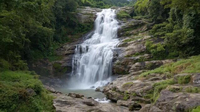 A majestic waterfall cascades gracefully down a rugged, multi-tiered rock formation, surrounded by lush, vibrant green foliage. The pristine white water tumbles and flows with mesmerizing power, creat