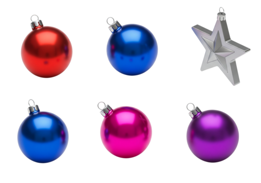 Colorful christmas ornaments isolated on transparent background, festive holiday decoration