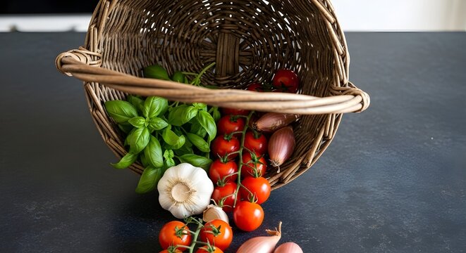 Fresh Ingredients in Wicker Basket - Tomatoes Basil Garlic Onion for Homemade Cooking