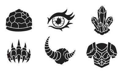 Set of six minimalist fantasy RPG icons featuring a monster eye, magic crystals, armor, and creature parts like claws and horns, presented in a bold black silhouette style