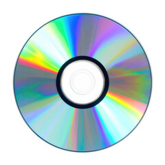 Iridescent compact disc with rainbow color reflections and a central hole, viewed from above, on a plain white background
