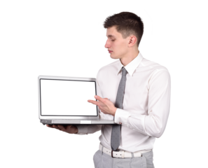 Young businessman holding a laptop computer with blank screen