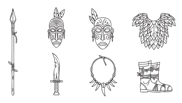 Collection of ancient indigenous warrior items in a minimalist outline style, featuring ceremonial masks, a spear, a dagger, a leafy cloak, and a fang necklace