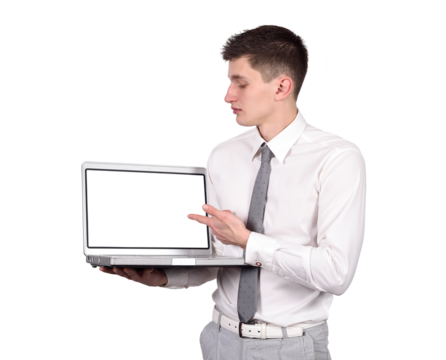 Young businessman holding a laptop computer with blank screen