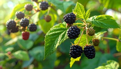 Close-up of ripe, dark berries on a bush with green leaves, illuminated by sunlight. One red berry also visible