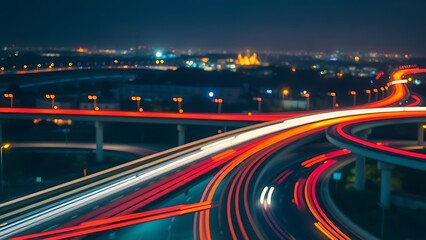 interchange. Neon-lit highway interchange at night with light trails from moving cars, capturing urban energy. mobility guides, transit brochures, designed for transport & logistics marketing.