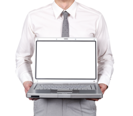Businessman holding a laptop computer with blank screen