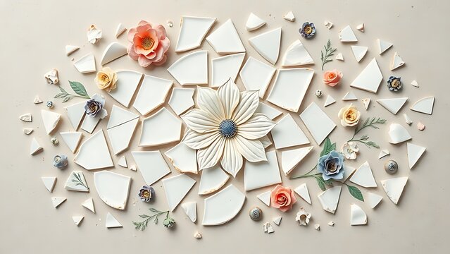labdanum. Broken porcelain fragments reassembled into an elegant floral mosaic on a neutral surface, top-down view. menu design.
