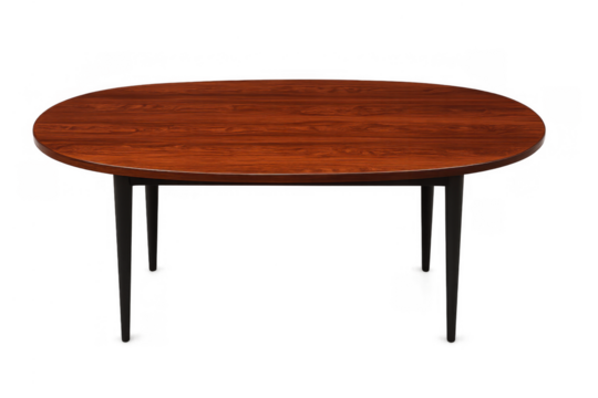 Modern wooden dining table with a rich brown surface and sleek black legs, showcasing minimalist home furniture