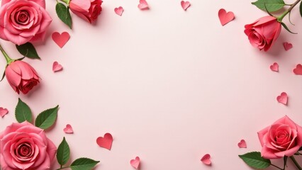 A bright pink background adorned with pink roses and hearts