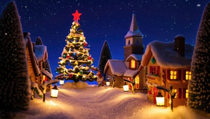 Miniature Christmas village scene with decorated tree and snow