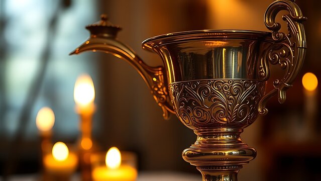 flagon. Ornate silver flagon reflecting candlelight with slight tilt, warm golden tones. bar promotions, beverage menus, designed for food & beverage menus and cafe branding.